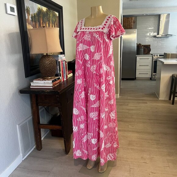 Custom Made Princess Kaiulani Maxi Dress: pink w/ white eyelet lace trim - Picture 1 of 6